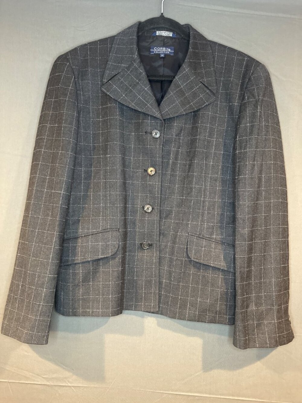 Corbin Collection Women’s Gray Windowpane Plaid Blazer Made USA Preppy Academia